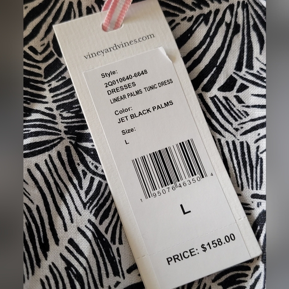 NWT Vineyard Vines Linear Palms Tunic Dress 100% Linen Black White Tassel Tie LG - Picture 14 of 16